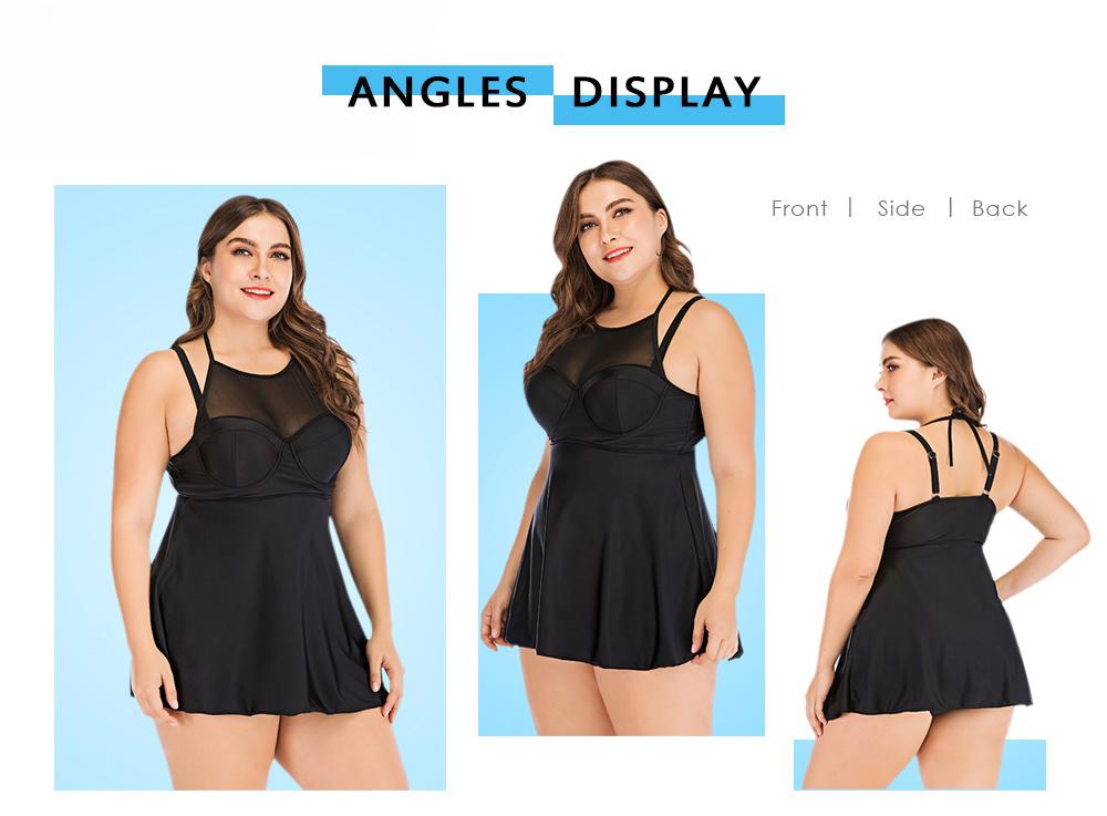 Sexy Halter Neck Spliced Mesh Solid Color Mid Waist Plus Size Women Tankini Set