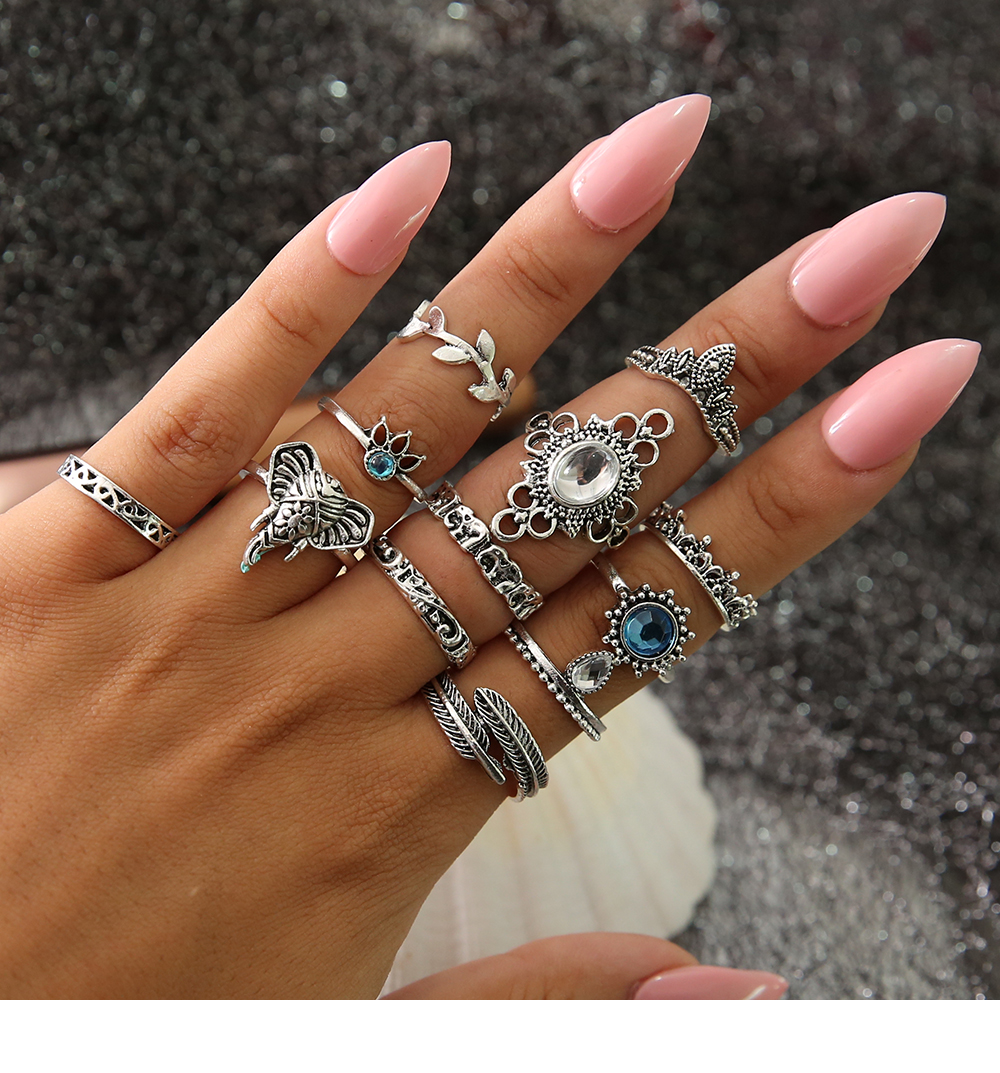 12 PCS/Set Vintage Blue White Crystal Flower Elephant Opal Stone Finger Rings