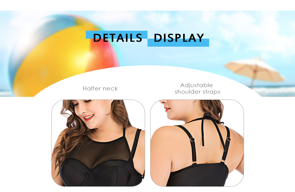 Sexy Halter Neck Spliced Mesh Solid Color Mid Waist Plus Size Women Tankini Set