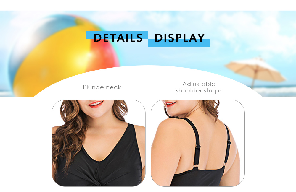 Plunge Neck Sleeveless Ruched Solid Color Padded Mid Waist Plus Size Women Tankini Set