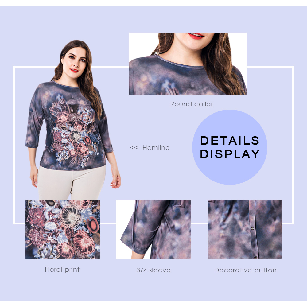 Round Collar 3/4 Sleeve Floral Print Button Plus Size Women T-shirt