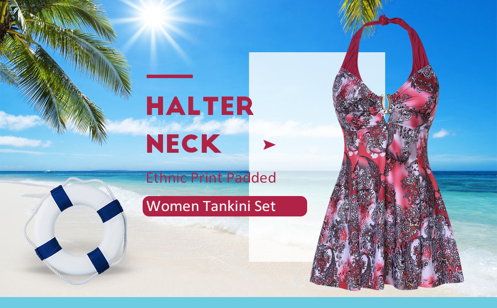 Sexy Halter Neck Ethnic Print Padded Wire Free Mid Waist Women Tankini Set