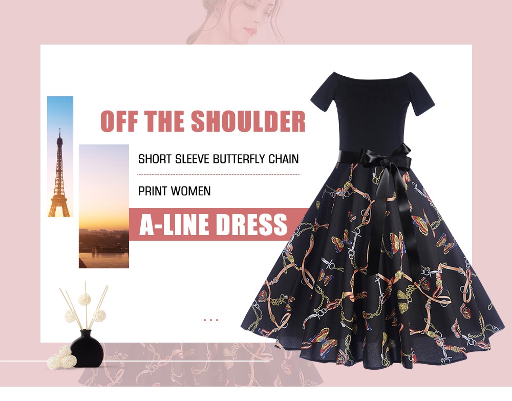 Vintage Off The Shoulder Short Sleeve Butterfly Chain Print Belt Swing Women A-line Dress