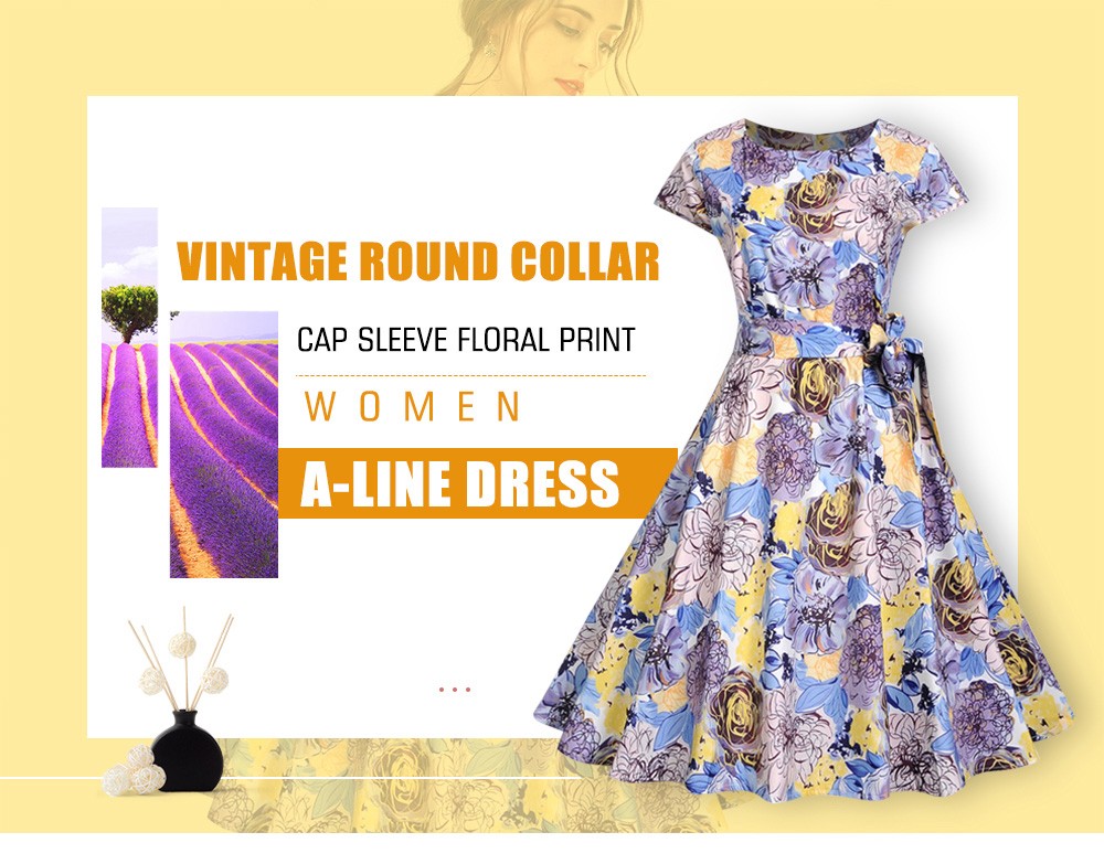 Vintage Round Collar Cap Sleeve Floral Print Back Zipper Women A-line Dress