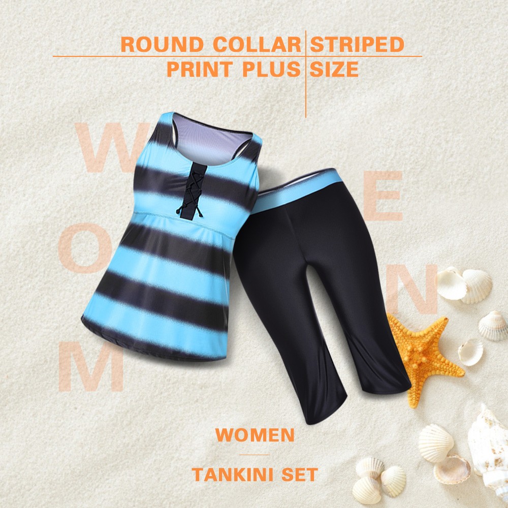 Round Collar Striped Print Lace Up Padded Mid Waist Plus Size Women Tankini Set