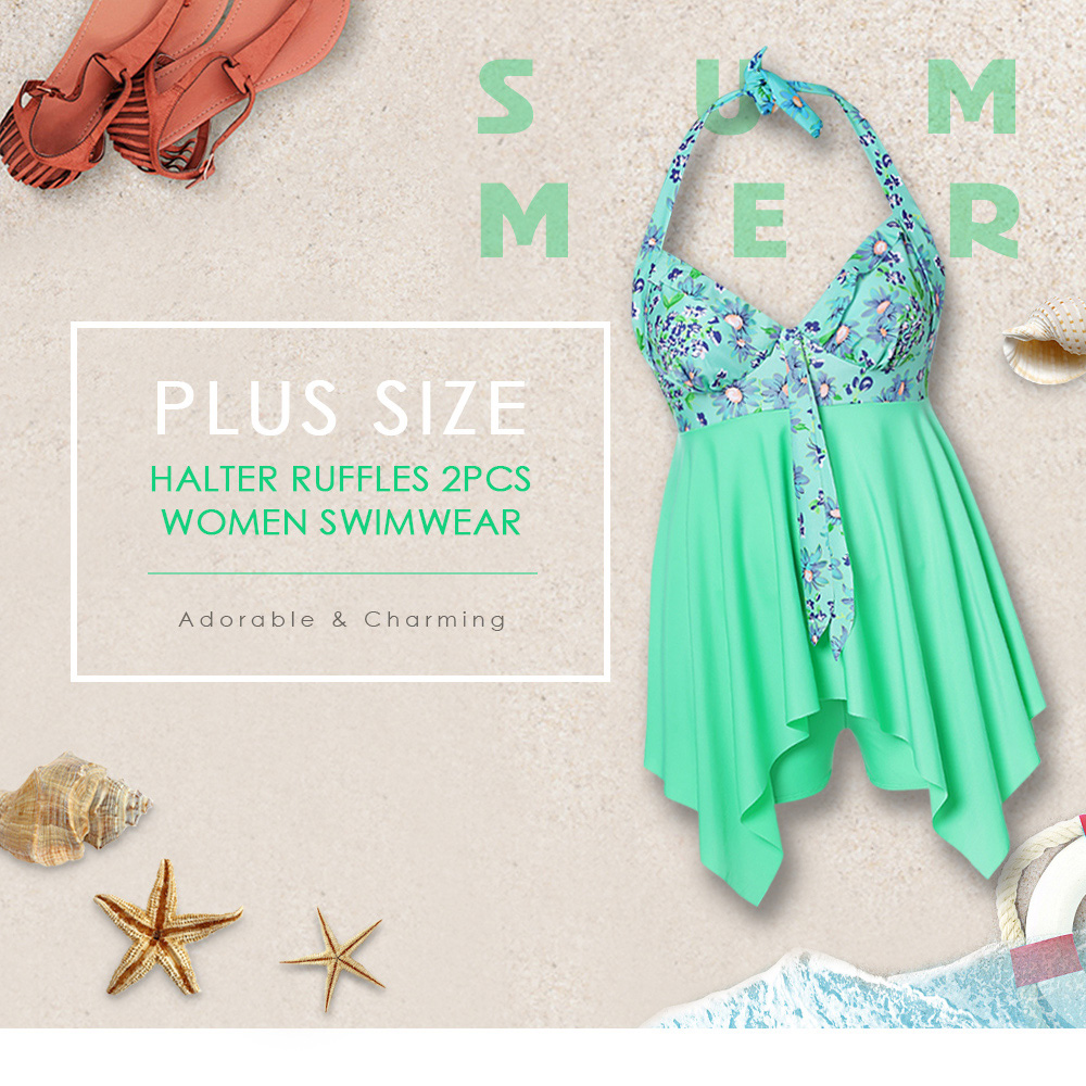 Plus Size Floral Print Halter Ruffles Board-shorts Two Pieces Women Swimwear