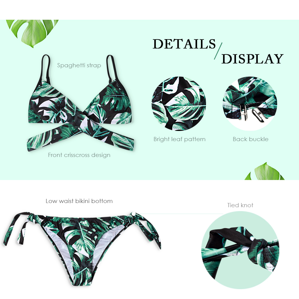 Sexy Spaghetti Strap Padded Leaf Print Criss Cross Low Waist Women Bikini Set