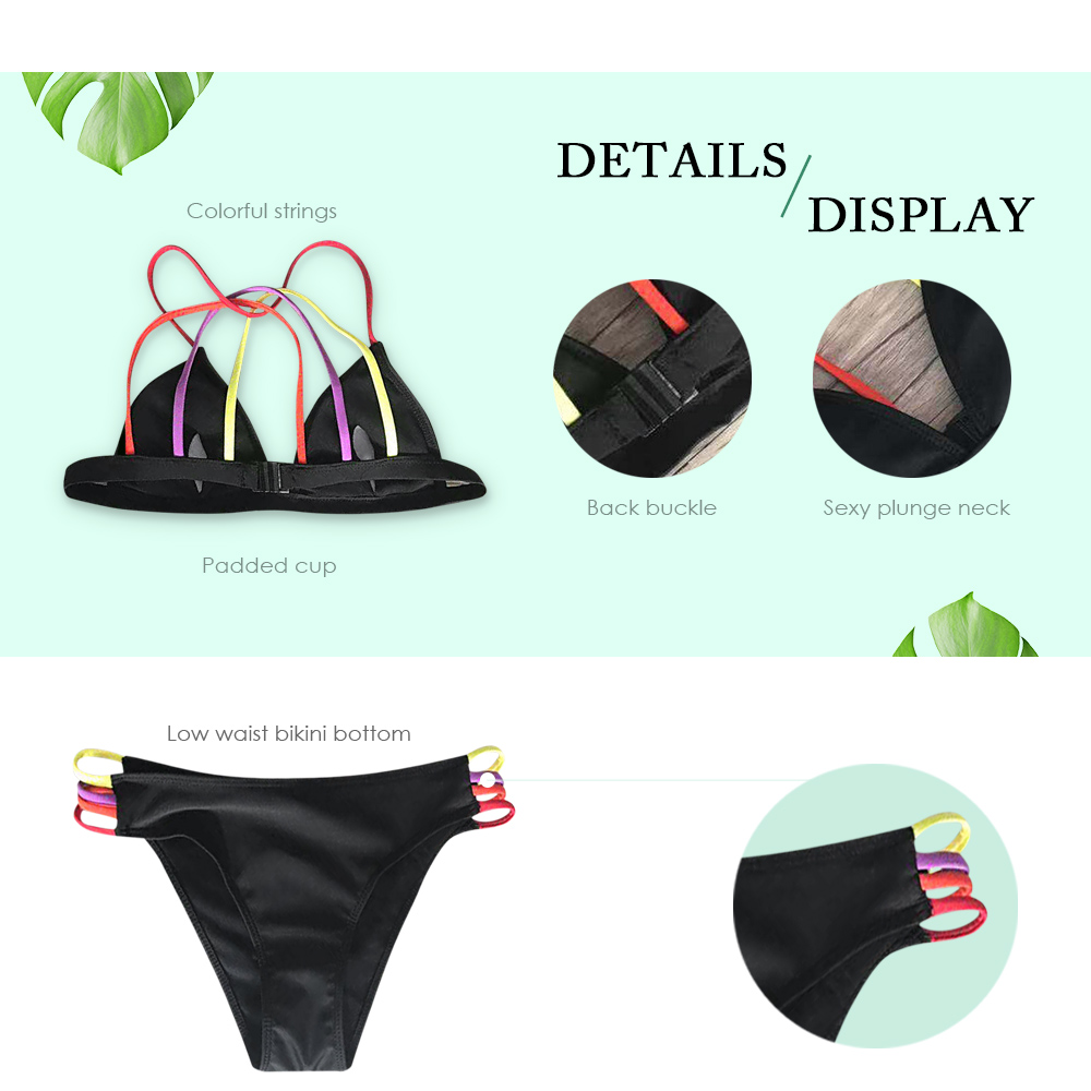 Sexy Plunge Neck Padded Backless Colorful String Low Waist Women Bikini Set