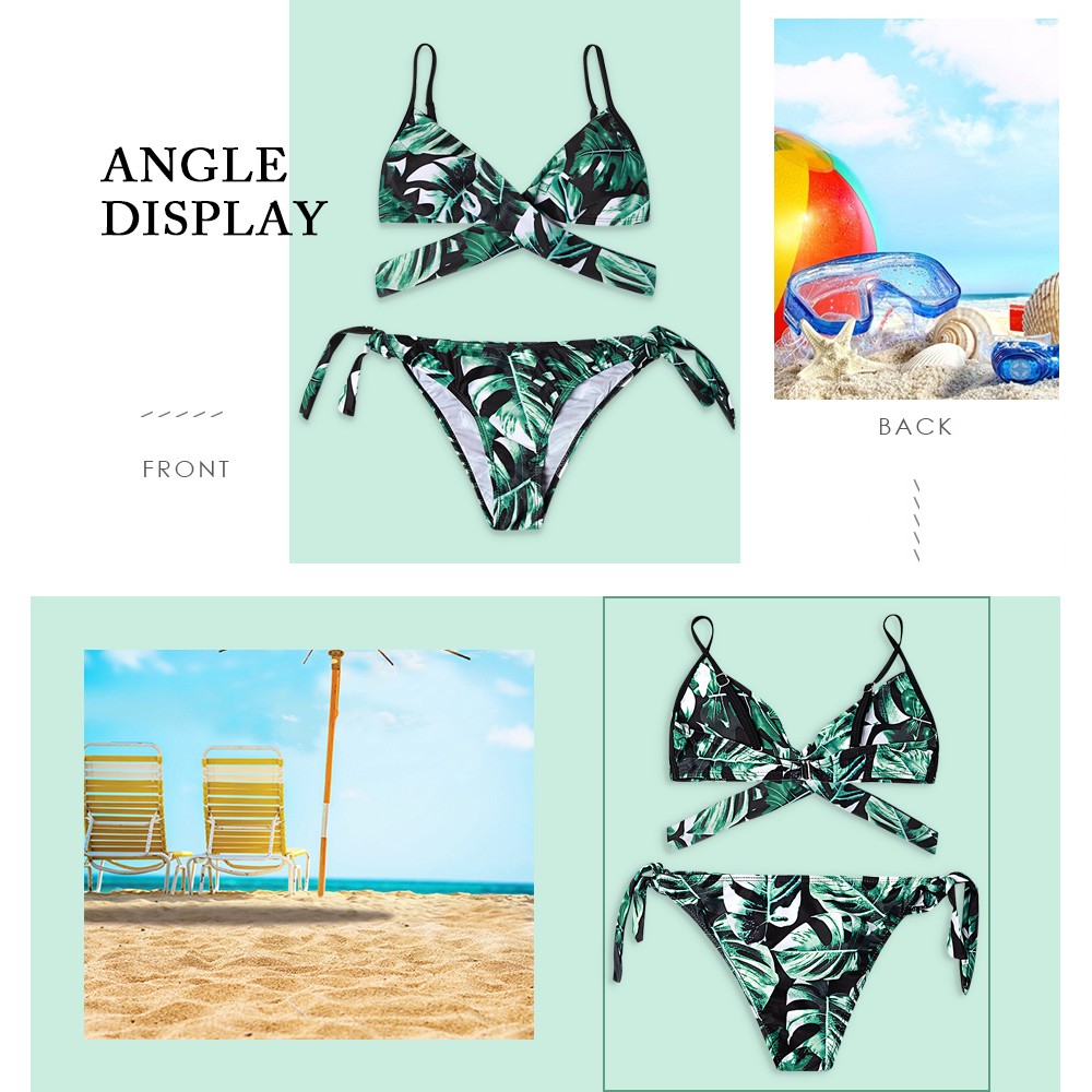 Sexy Spaghetti Strap Padded Leaf Print Criss Cross Low Waist Women Bikini Set