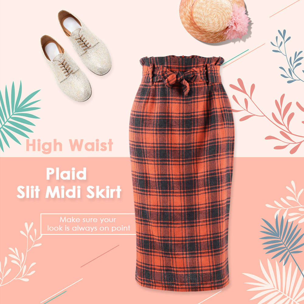 High Waist Plaid Belted Slit Zipper Women Midi Skirt