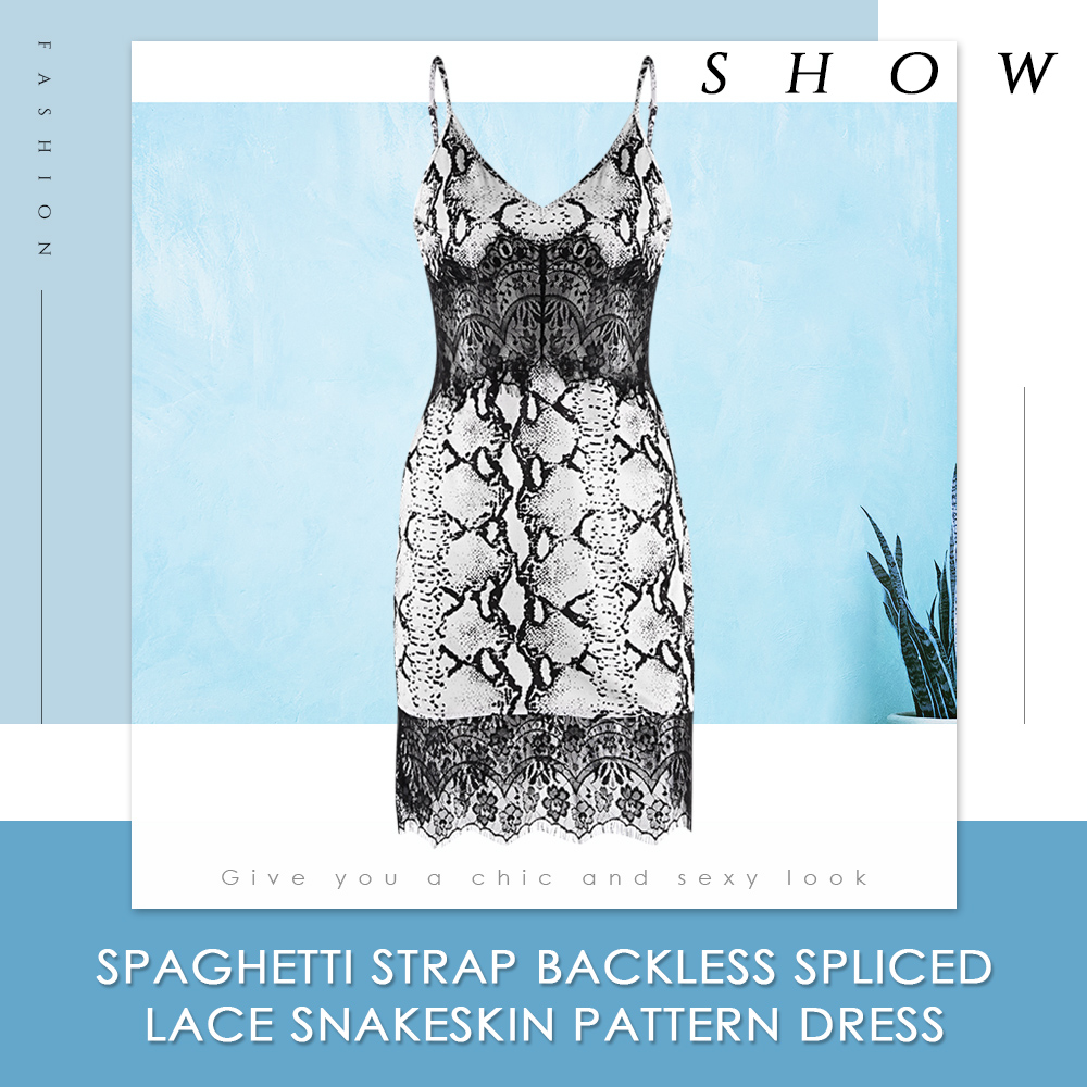 Spaghetti Strap Backless Spliced Lace Snakeskin Pattern Bodycon Women Slip Dress