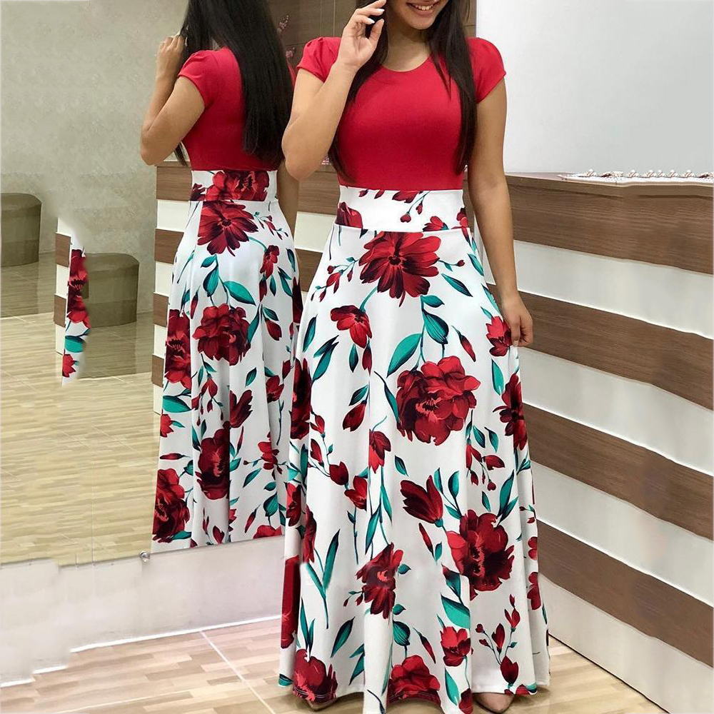 2019 Summer Fashion Temperament Flower Print Color Matching Dress Female Dress