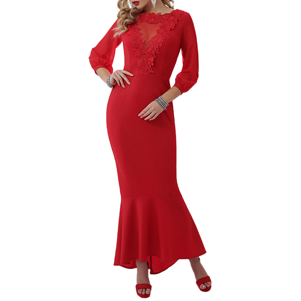 2019 New Sexy Party Ladies Long-Sleeved Lace Tight Elegant Long Dress