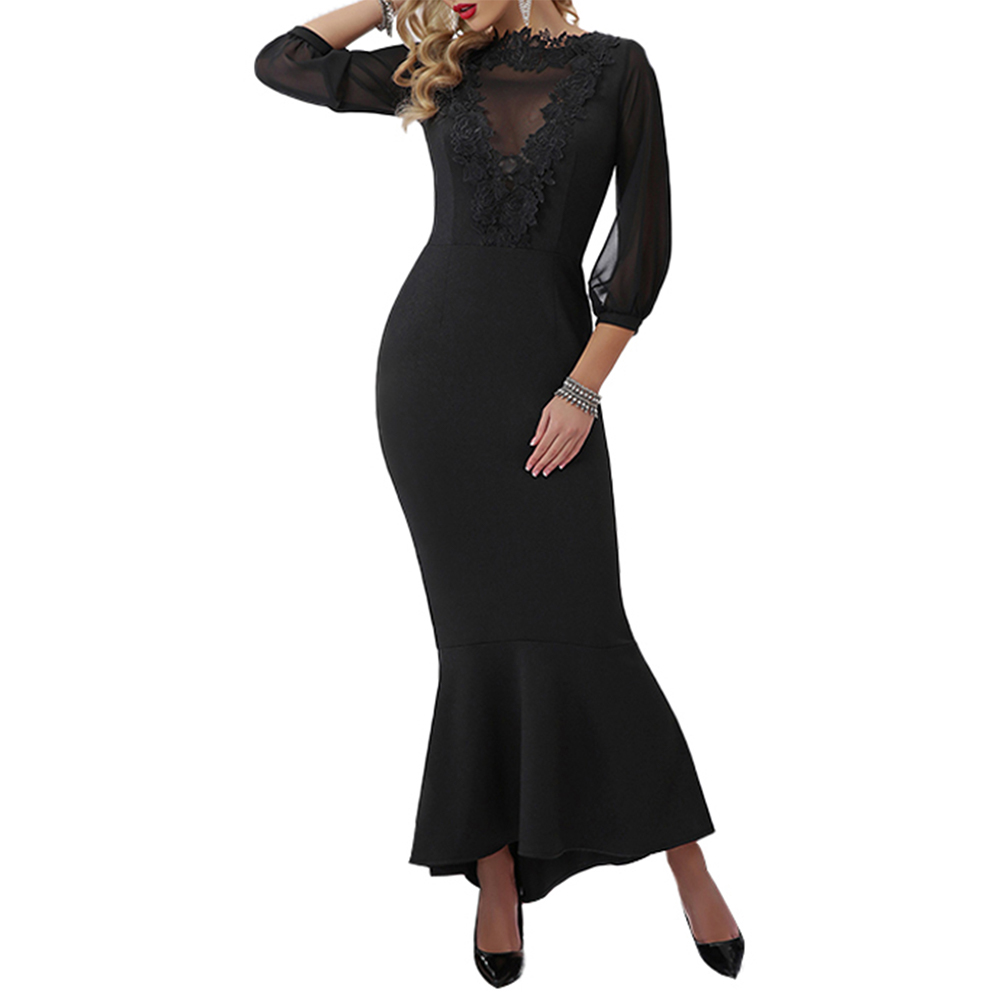 2019 New Sexy Party Ladies Long-Sleeved Lace Tight Elegant Long Dress
