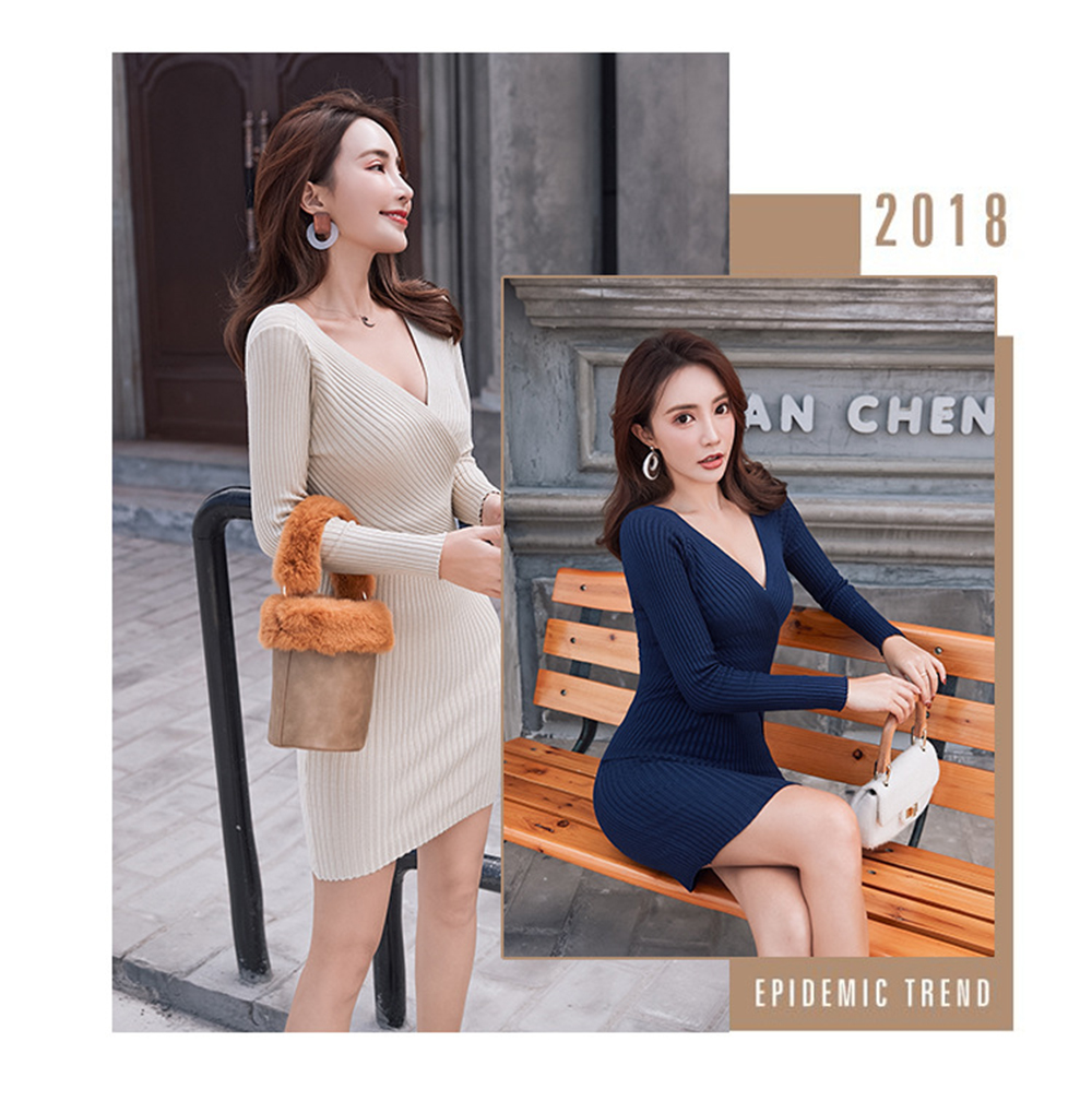 2019 New Fashion V-Neck Knit Dress Sexy Sweater Long Slim Bottoming Dress