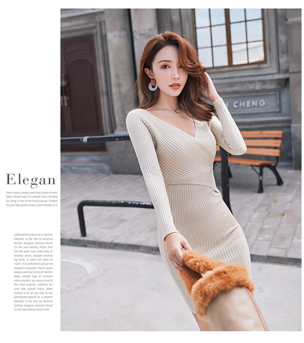 2019 New Fashion V-Neck Knit Dress Sexy Sweater Long Slim Bottoming Dress