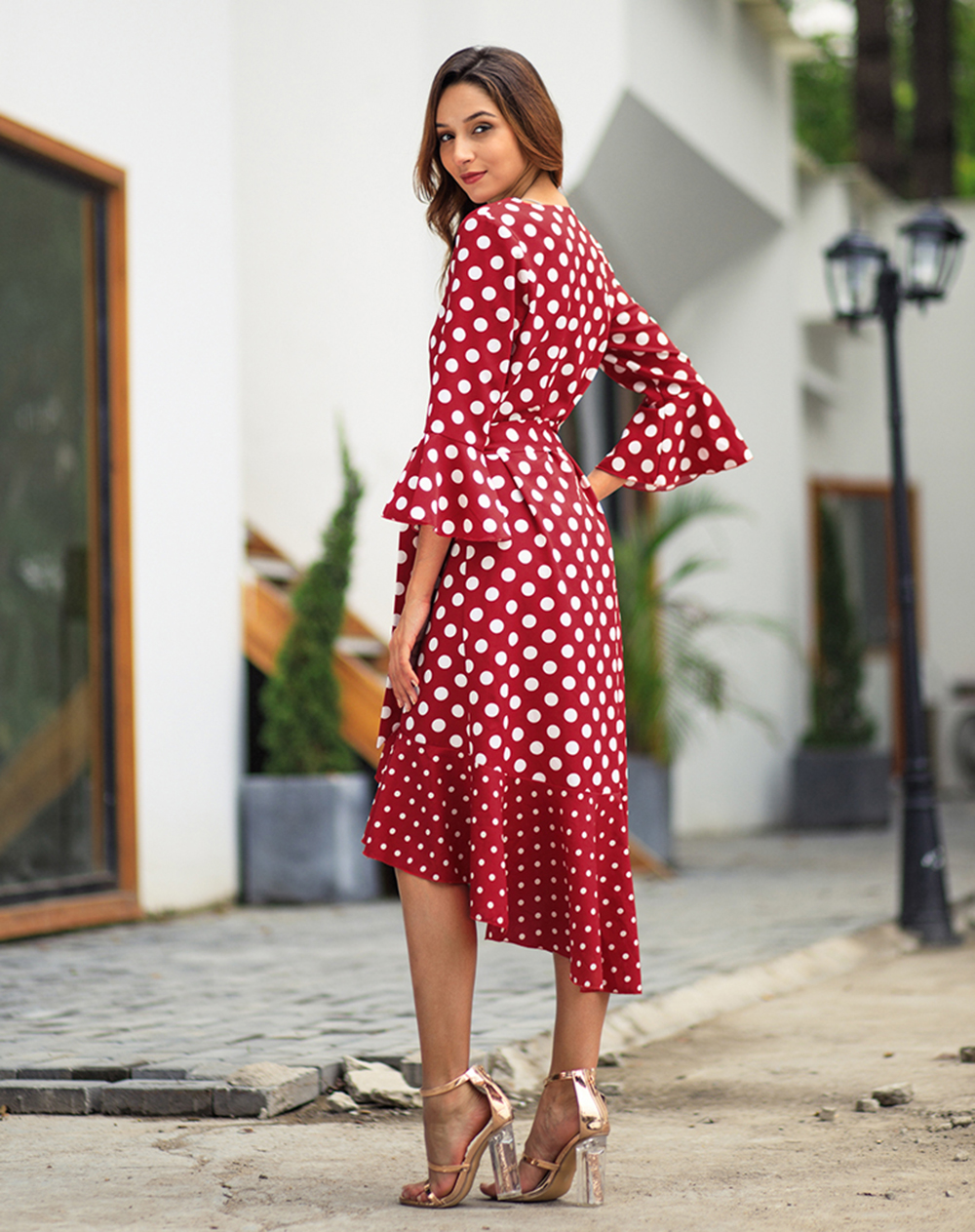 2019 Spring New Wave Long Sleeve Dot Large Size Dress - Red ...