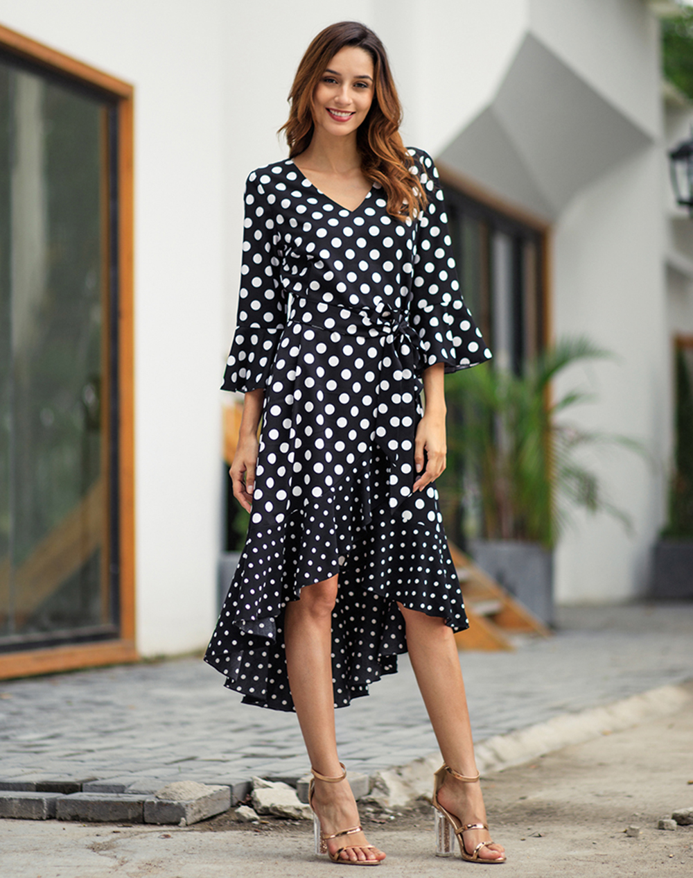 2019 Spring New Wave Long Sleeve Dot Large Size Dress