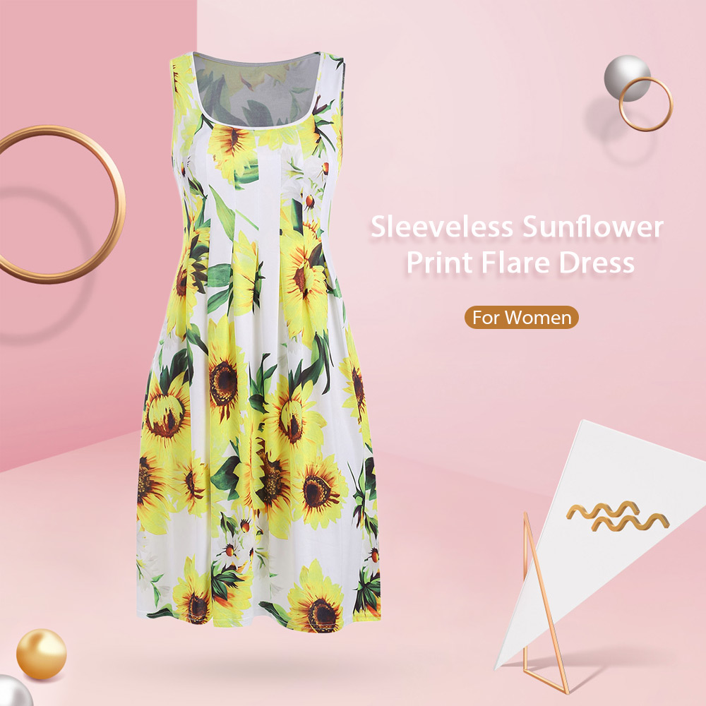 Sleeveless Sunflower Print Flare Dress