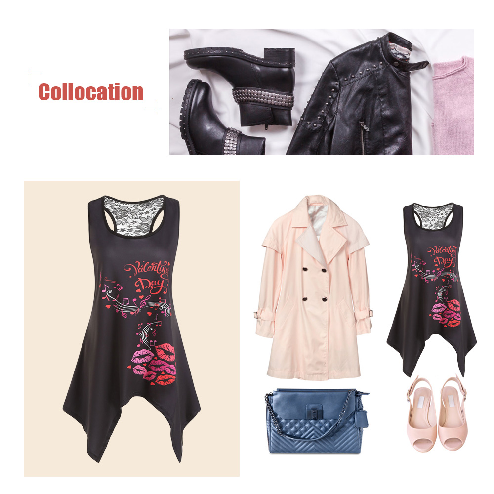 Plus Size Valentine Print Asymmetrical Tank Top
