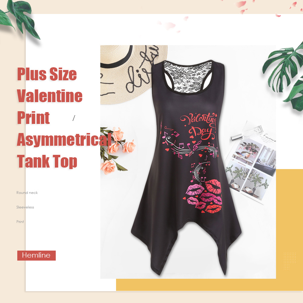 Plus Size Valentine Print Asymmetrical Tank Top