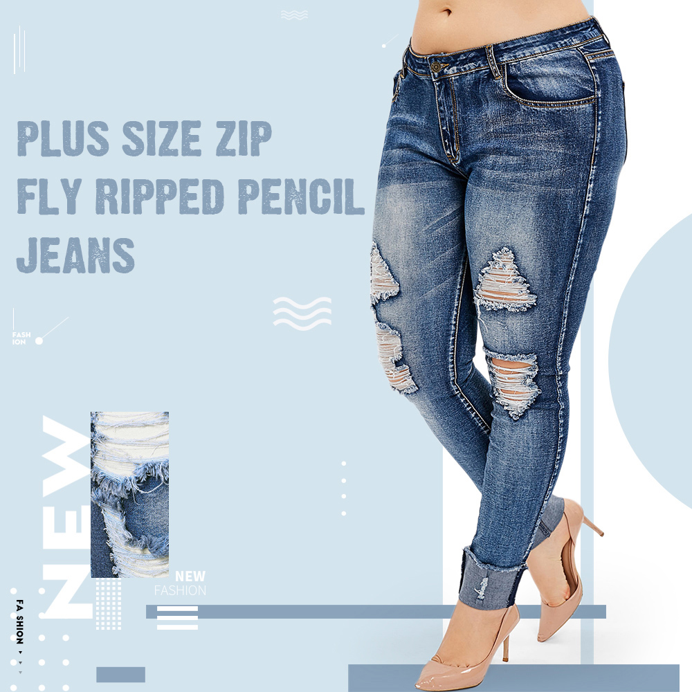 Plus Size Zip Fly Ripped Pencil Jeans