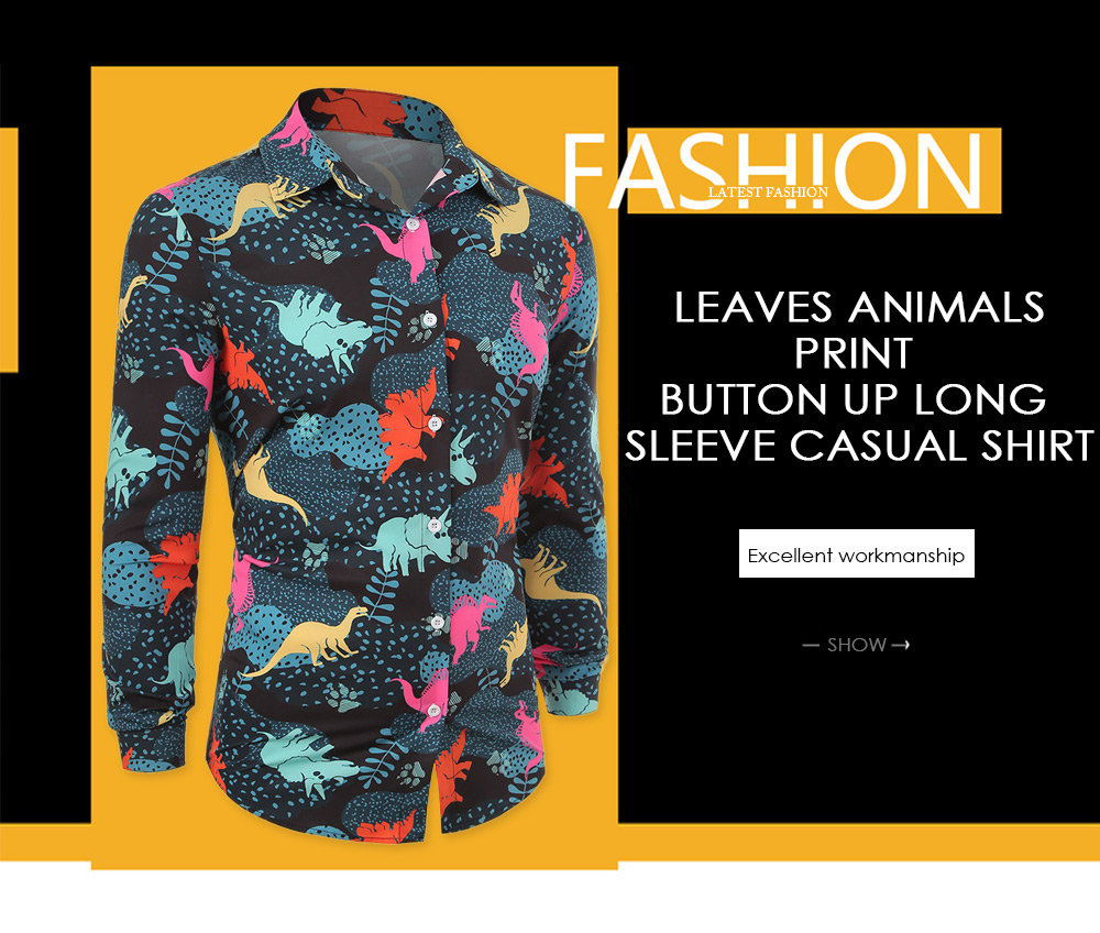 Button Up Leaves Dinosaur Animals Print Long Sleeves Shirt
