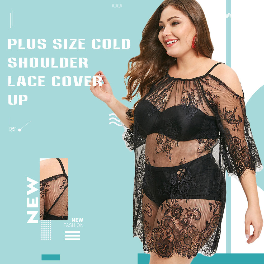 Plus Size Cold Shoulder Lace Cover Up