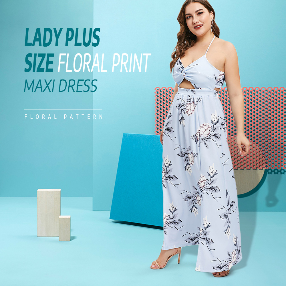 Twist Front Plus Size Floral Print Maxi Dress