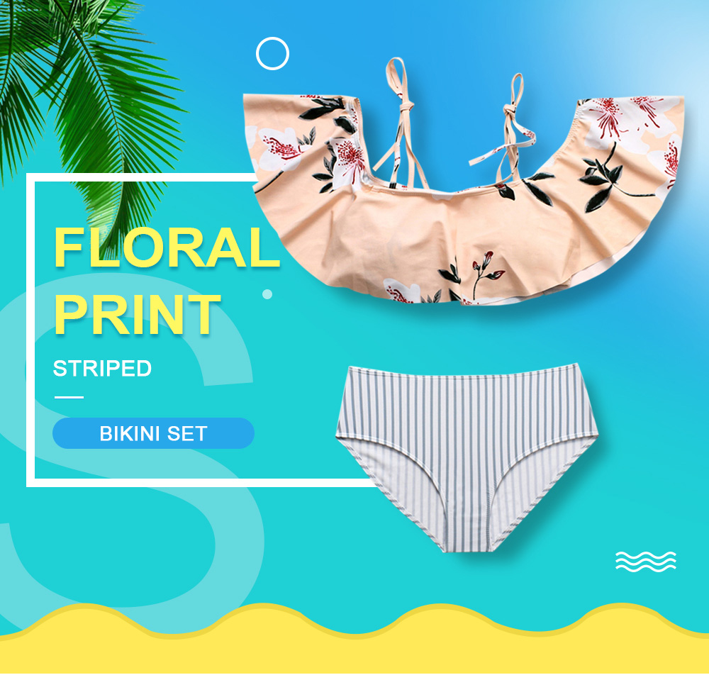 Floral Print Striped Bikini Set
