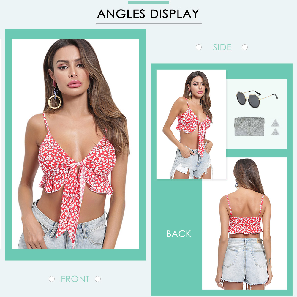 Sexy Spaghetti Strap Floral Print Ruffled Knotted Women Crop Top