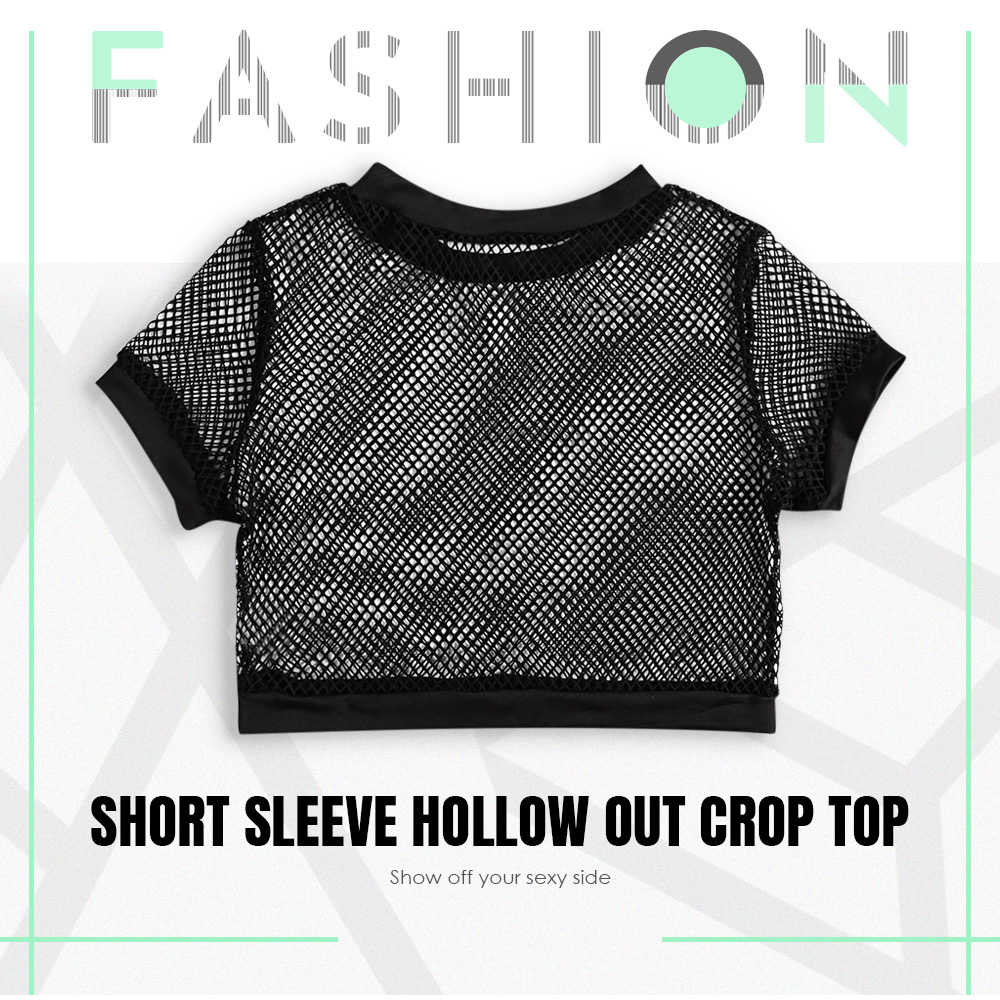 Crew Neck Short Sleeve Sexy Hollow Out Mesh Solid Color Women Crop Top