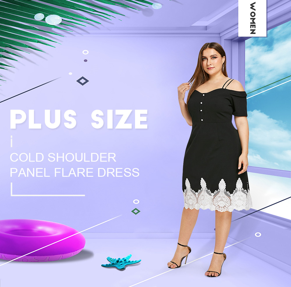 Plus Size Cold Shoulder Panel Flare Dress