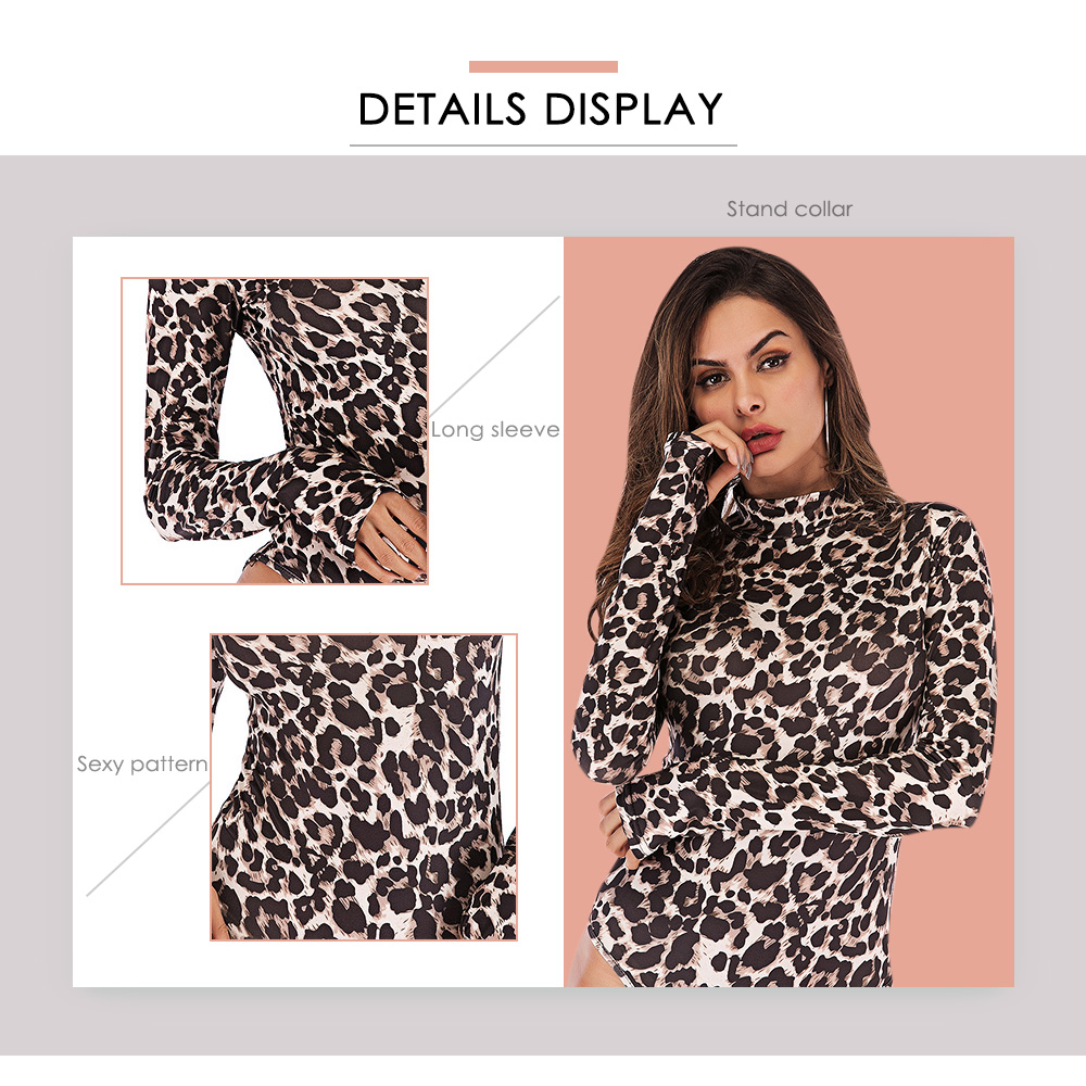 Stand Collar Long Sleeve Sexy Print Elastic Slim Women Bodysuit