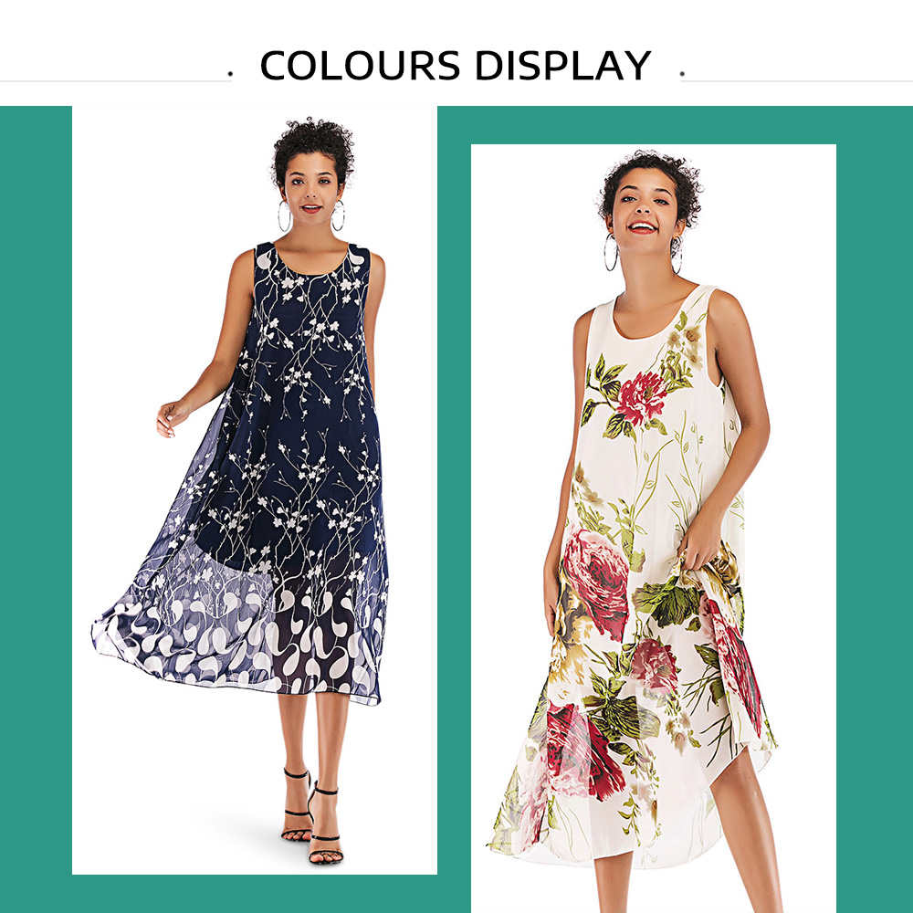 Sleeveless Floral Print Round Collar Chiffon Women Dress