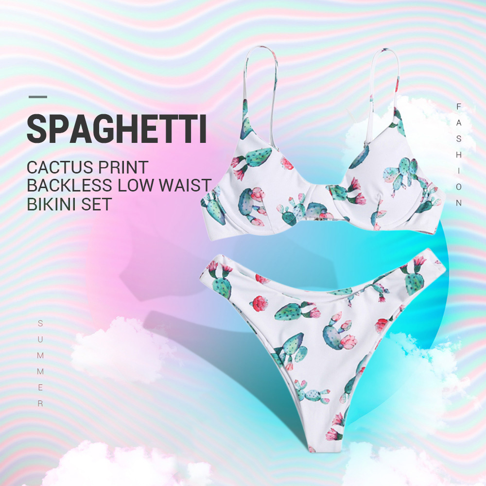 Spaghetti Strap Cactus Print Backless Low Waist Women Bikini Set