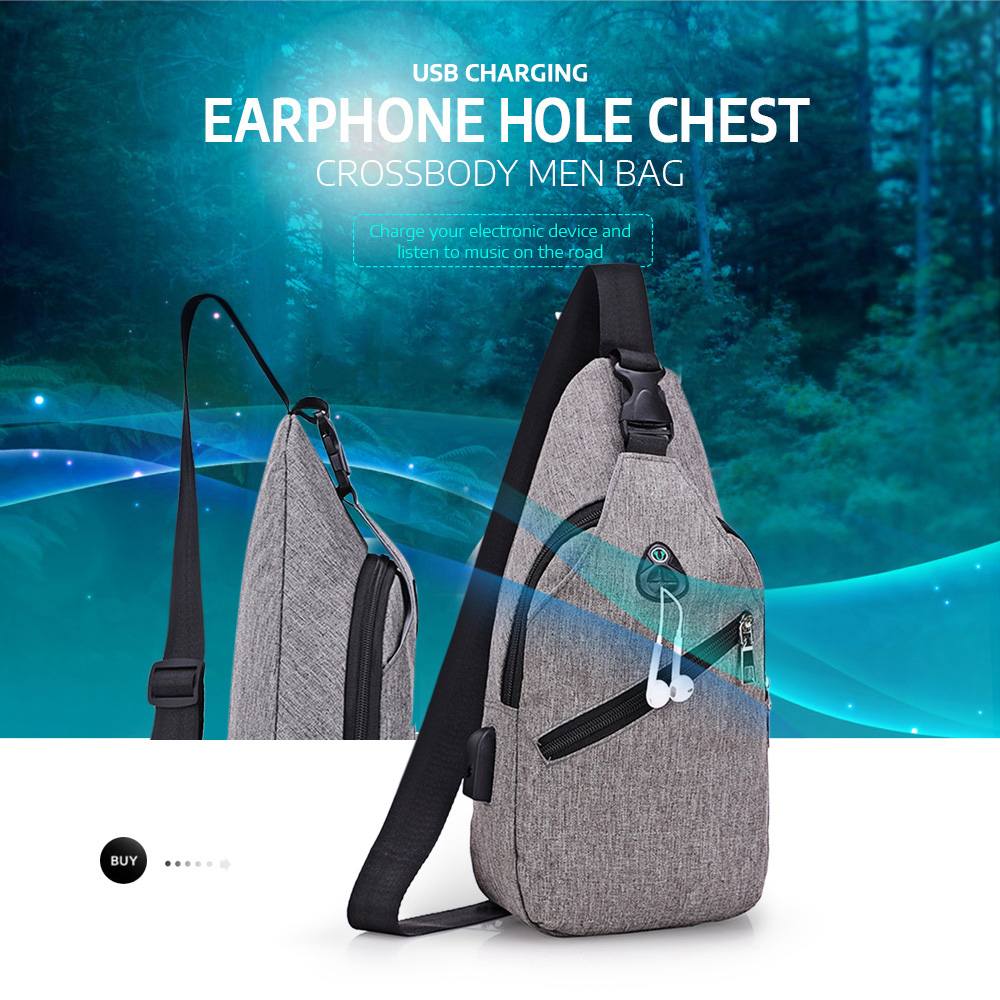 Fashion USB Charging Earphone Hole Chest Shoulder Crossbody Men Bag