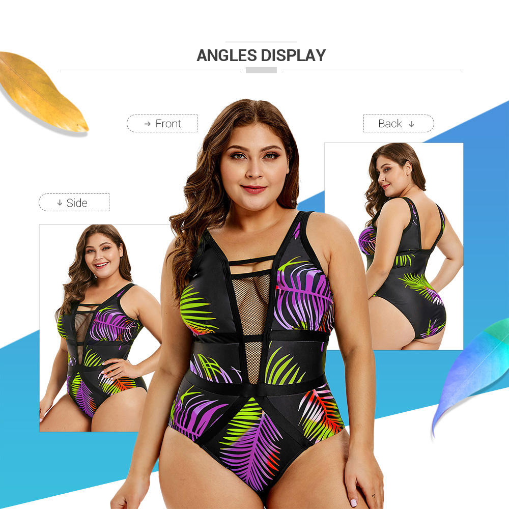 Plus Size Openwork Leaf Print Swimwear