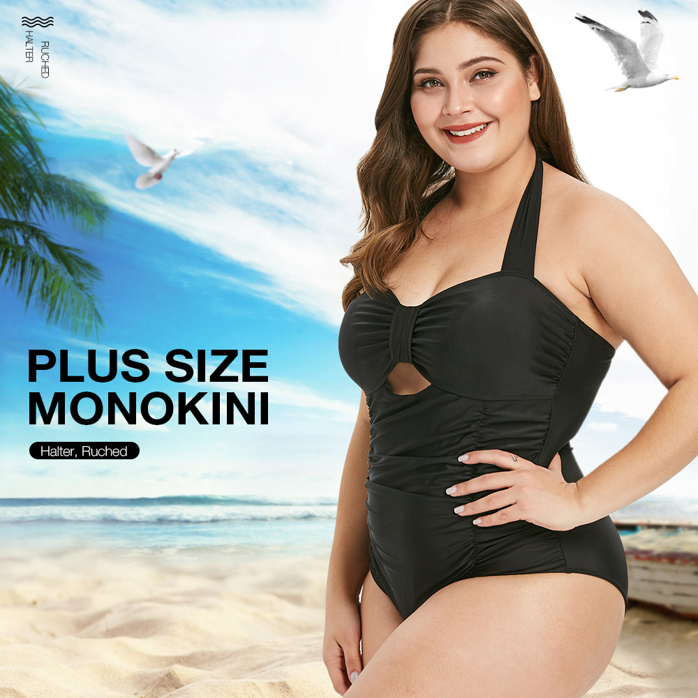 Plus Size Halter Neck Ruched One Piece Swimsuit