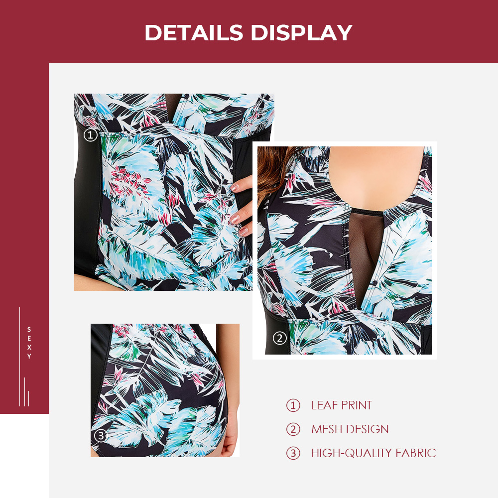 Plus Size Leaf Print Mesh Panel Swimwear