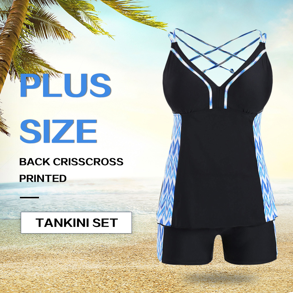 Plus Size Back Criss Cross Printed Tankini Set