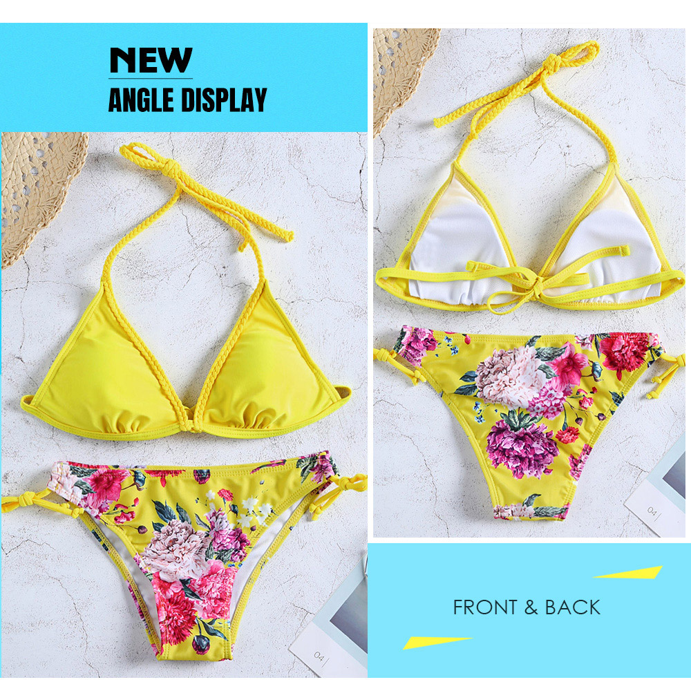 Braided Strap Halter Floral Print Bikini Set