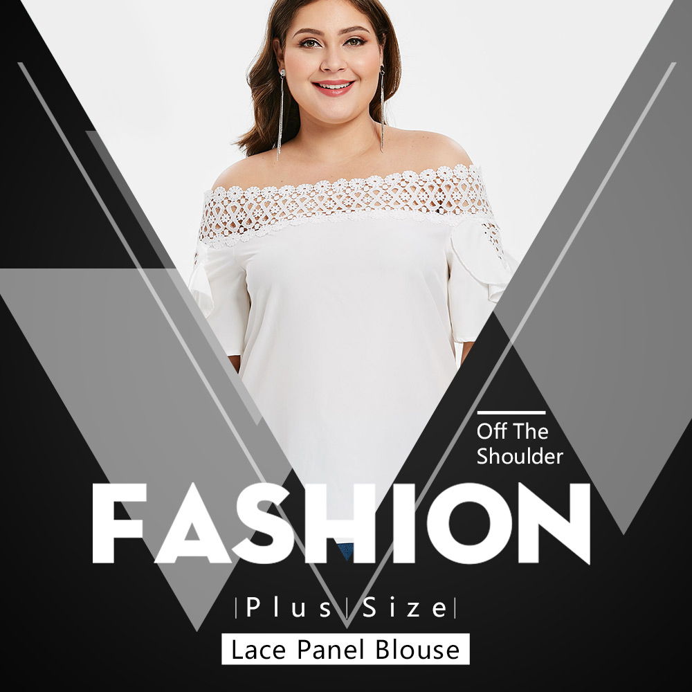 Off The Shoulder Plus Size Lace Panel Blouse