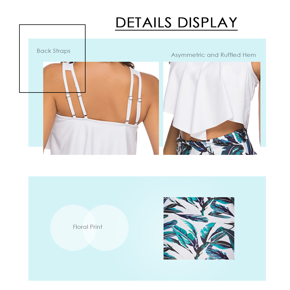 Asymmetric Hem Flounce Leaf Print Wire Free High Waist Two-piece Swimwear