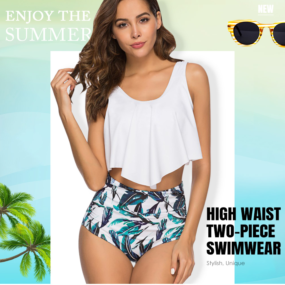 Asymmetric Hem Flounce Leaf Print Wire Free High Waist Two-piece Swimwear