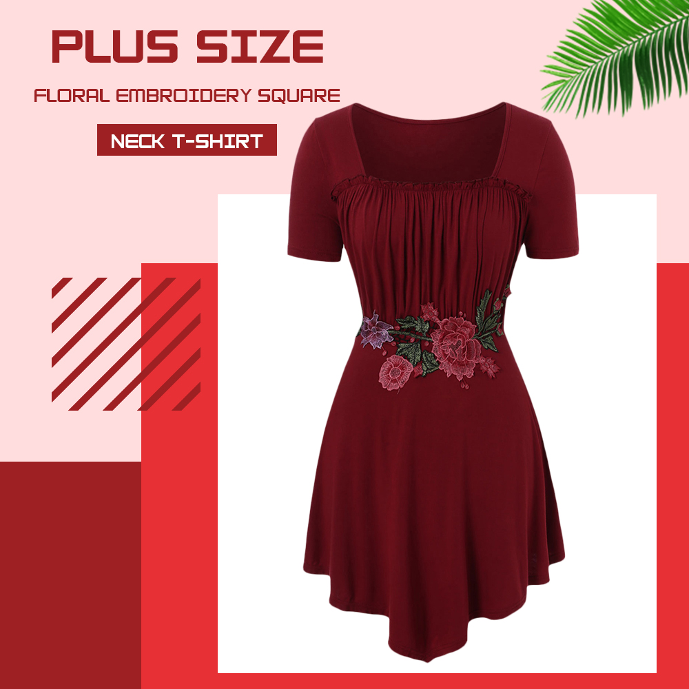 Plus Size Floral Embroidery Square Neck T-shirt