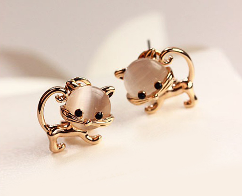 Pair of Kitten Faux Opal Embellished Earrings