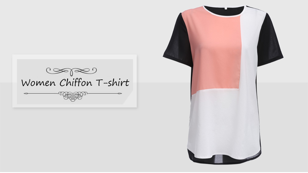 Fashion Round Collar Color Block Spliced Women Chiffon T-shirt