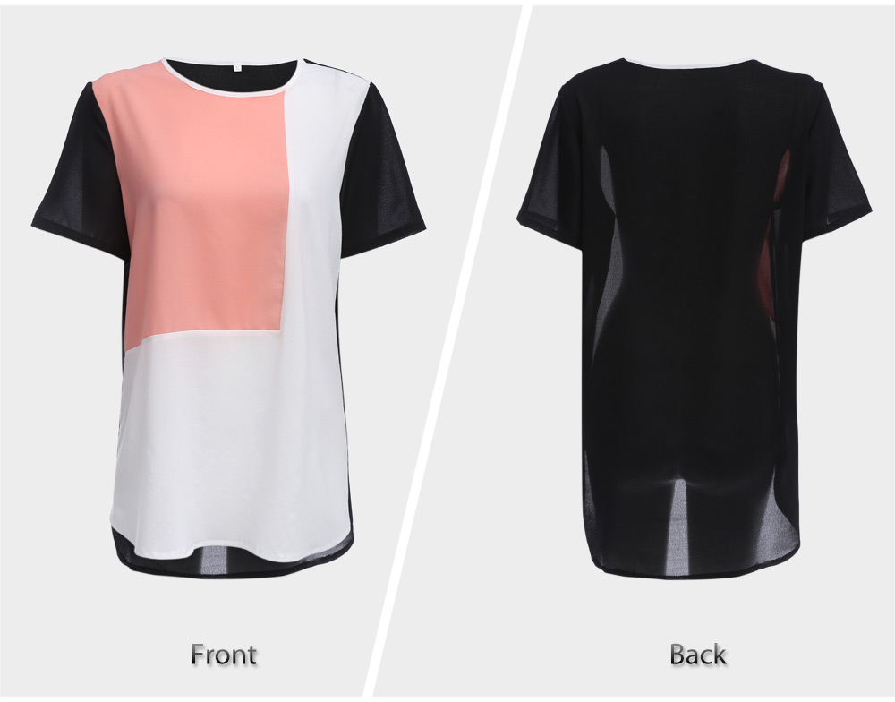 Fashion Round Collar Color Block Spliced Women Chiffon T-shirt