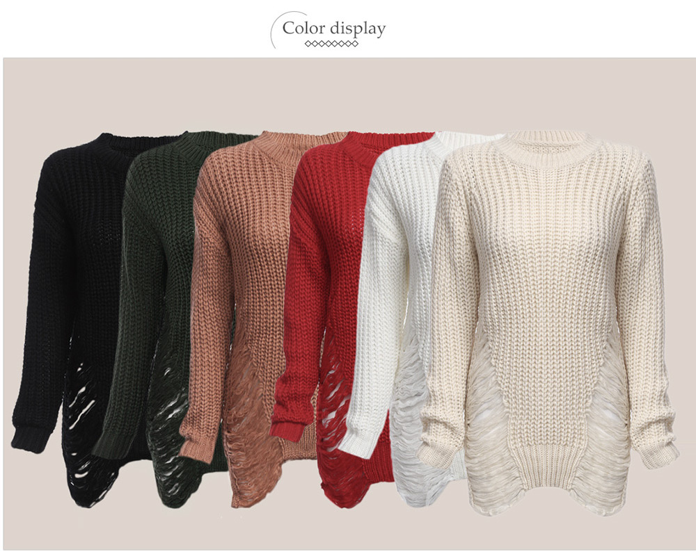 Sexy Round Collar Frayed Solid Color Women Pullover